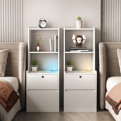INFURNIC Nightstands Set of 2 Modern Night Stand Smart Nightstands with Night Light for Bedroom Storage, White, 15.74"*15.74"*41.14"
