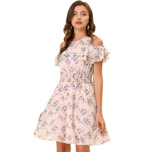 Allegra K Women's Cold Shoulder Smocked Waist Chiffon Floral Pattern Mini Dress - 1 of 4