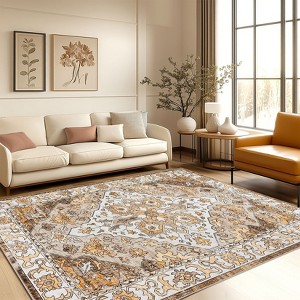 Machine Washable Vintage Floral Printed Area Rug Low Pile Stain Resistant Non Slip Non Shedding Pet Friendly Floor Mat - 1 of 4
