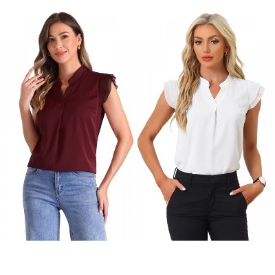 INSPIRE CHIC Women's V Neck Ruffle Cap Sleeves Solid Elegant Shirt 2 Packs