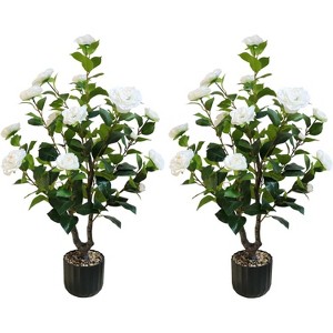 Acekool 2 Pack Artificial Camellia Tree, 38 Inch Faux Plant in Pot with Flowers, Indoor Outdoor Potted Greenery for Home, Porch, Office, Spring Decor - 1 of 4