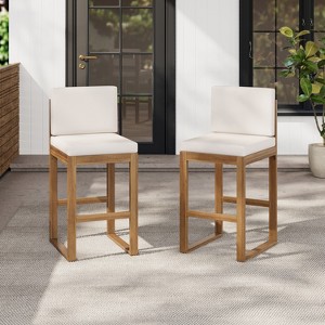 Christopher Knight Home Goleta Outdoor Acacia Wood Bar Stools with Water-Resistant Cushions and Sled Legs (Set of 2) - 1 of 4