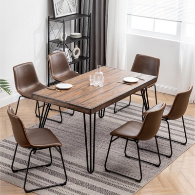 Aryven Industrial 7-Piece Dining Set with Rustic Dark Pine Table and Brown Faux Leather Chairs