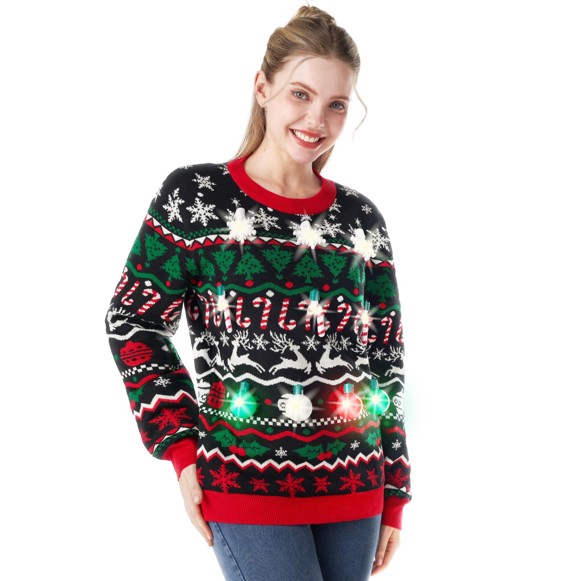 Joyfy Ugly Christmas Sweater for Women Built-in Bulbs LED Light Up Christmas Tree, Funny Christmas Party Sweater Women Black/Red S - L