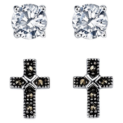 Silver Plated Marcasite and Cubic Zirconia Cross Stud Duo Earring - 9.5mm, Women's