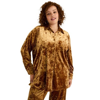 June + Vie by Roaman's Women's Plus Size Crushed Velvet Button-Down Top