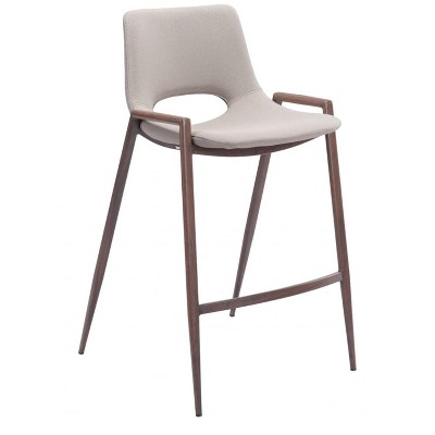 Zuo Modern Desi Counter Stool, Set Of 2, 35.6 Inch High Beige Faux Leather Seat With Walnut Finish Steel Frame