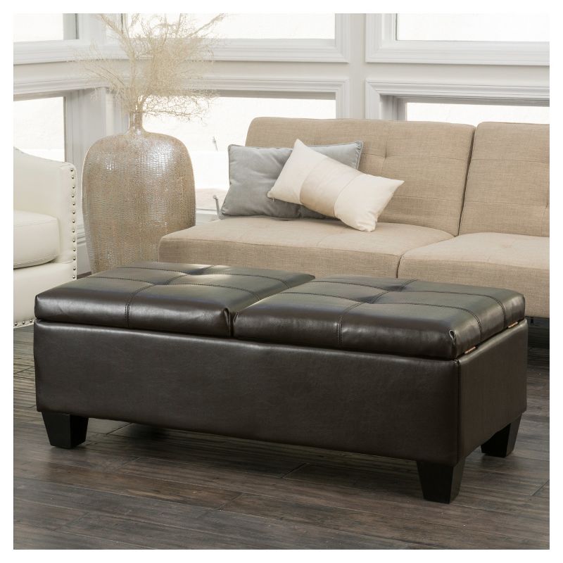 Merrill Double Opening Leather Storage Ottoman - Chocolate Brown - Christopher Knight Home, 4 of 10