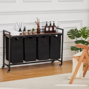 Laundry Basket on Wheels, Movable Laundry Hamper, Laundry Cart with Wooden Tabletop & Pulled-Out Basket - 1 of 4