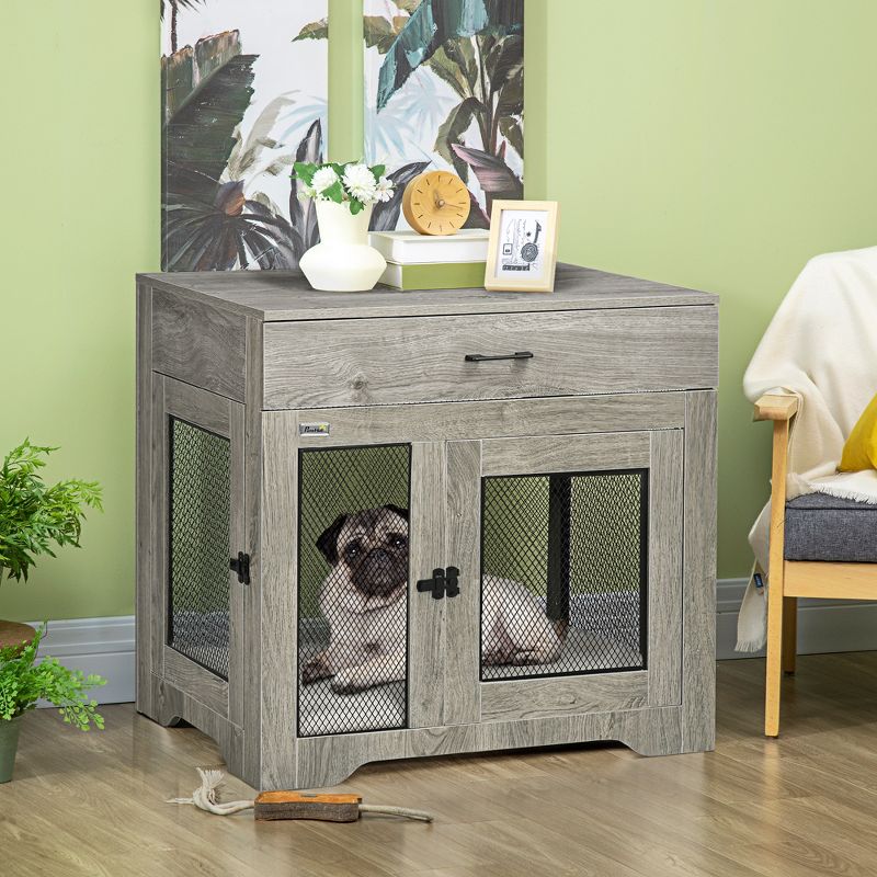 PawHut Dog Crate Furniture with Soft Water-Resistant Cushion, Dog Crate End Table with Drawer, Puppy Crate for Small Dogs Indoor with 2 Doors, 4 of 9