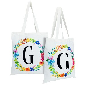 2 Pack Monogrammed Initial Tote Bags, Reusable Grocery Bag for Women, Embroidered, White, 29 in. - 1 of 4