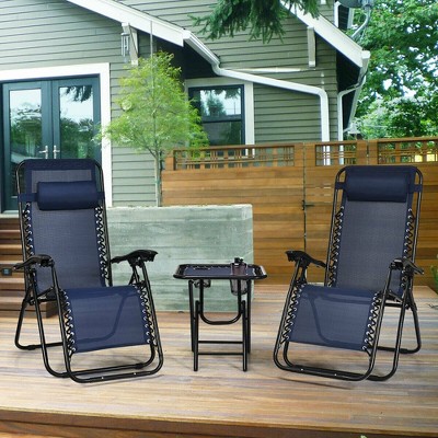 Costway 3PCS Zero Gravity Recliner Lounge Chairs Pillows Table Portable Folding Navy