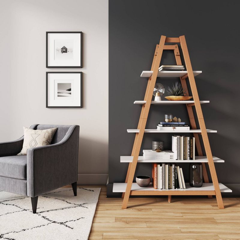 66&#34; Carlie Wood 5-Shelf Ladder Display Bookshelf Medium Pine/Matte White- Nathan James, 2 of 7