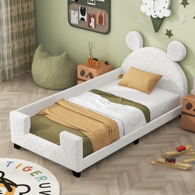 Teddy Fleece Twin Size Upholstered Daybed with Carton Ears Shaped Headboard Pine Wood MDF Platform Bed for Girls Boys Bear Ears