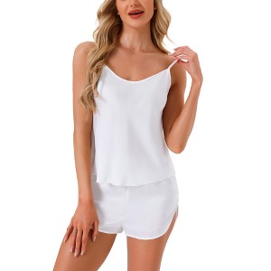 cheibear Women's Silky Satin Adjustable Straps Cami Top and Shorts Pajamas Sets - 1 of 4