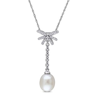 EVERLY JEWELRY | 10K White Gold 8-8.5 MM White Cultured Freshwater Pearl and 1/10 CT TW Diamond Lariat Necklace - 17 inch - 1 of 4