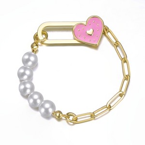 Guili 14k Gold Plated Kids' Bracelet with Pearls and Enamel Heart Clasp in Blue, Red, or Pink – Adorable and Lovely Look for Any Occasion - 1 of 2