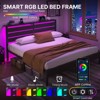 Greenstell Twin Size Bed Frame with Headboard, Metal Platform Bed Frame with LED Lights & Charging Station, Under Bed Storage, Solid and Stable, Black - 2 of 4