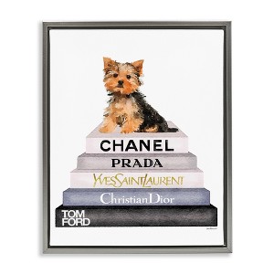 Stupell Industries Book Stack Yorkie Dog Glam Fashion Watercolor Floating Frame Canvas Art, Gray, 17" x 21" - 1 of 4