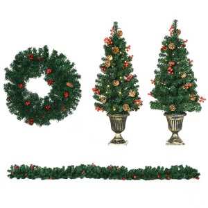 HOMCOM Prelit Holiday Christmas 4-Piece Set, Garland Wreath and Set of 2 Entrance Trees with Warm White LED Lights, Red Berries, Pine Cones, Green - 1 of 4