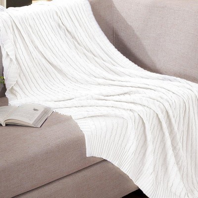 Cotton Cable Knit Throw Blanket, Super Soft Warm Knitted Blanket, 51x67 Inches, White - NTBAY