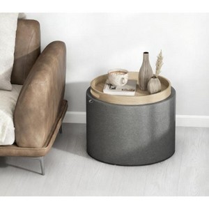 CAVINAS Dark Gray Round Storage Ottoman Coffee Table,Linen Fabric Upholstered Footstool with Flip Top Tray,Tables for Living Room,Entryway - 1 of 4