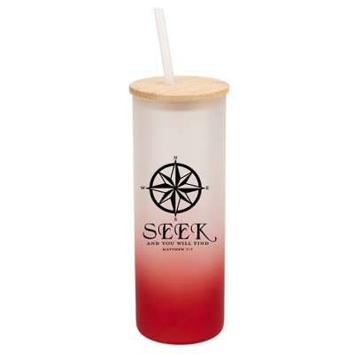 Elanze Designs Seek And You Will Find Compass Matthew 7:7 Wrap-Around Design 25 Ounce Frosted Gradient Glass On-The-Go Coffee Travel Skinny Tumbler
