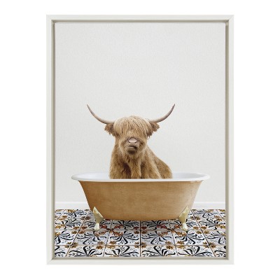 Whimsical Highland Cow in Bathtub Canvas Print, 18x24, White Frame