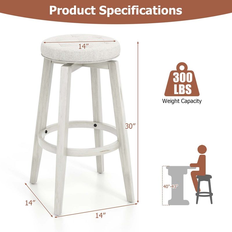 Costway 26"/30" Swivel Bar Stool Set of 2 Upholstered Counter/Bar Height Rubber Wood Frame Beige, 3 of 10