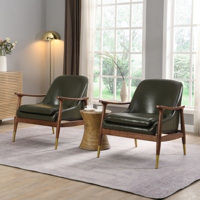 29.2'' Cognac Faux Leather Mid-Century Accent Chairs with Cushioned Seat, Solid Wood Frame and Brass-Tipped Legs (Set of 2(