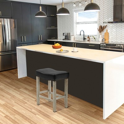 Modern 24" Black Leather Saddle-Style Wood Counter Stool