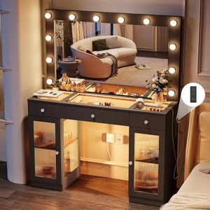 Petrimins Vanity Desk with Large Mirror and Lights, Glass Top Makeup Vanity for Bedroom, 3 Color Lighting Modes, Dressing Table for Women - 1 of 4