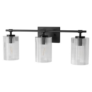 YANSUN 23.6 in. 3 Light Black Vanity Light with Striped Milky White Cylindrical Shade and Trumpet Sockets for Bathroom E26 Base - 1 of 1