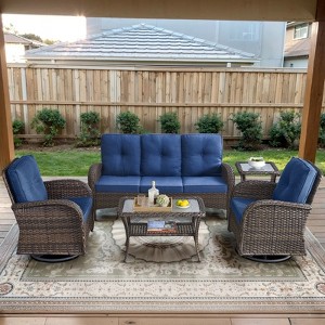 POCASSY 5 Piece Outdoor Patio Furniture Set, Brown Rattan Wicker Modern Outdoor Couch with Swivel Chairs and Coffee Table - 1 of 4