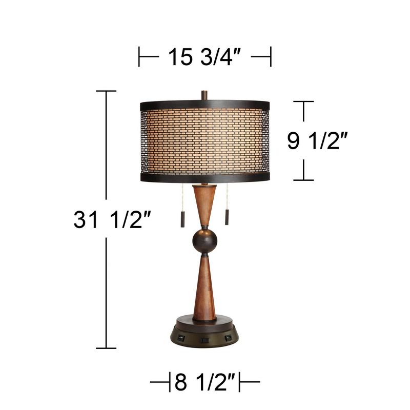 Franklin Iron Works Rustic Farmhouse Table Lamp with USB Outlet Workstation Base 28.75" Tall Antique Bronze Wood Double Drum Shade Living Room, 4 of 8