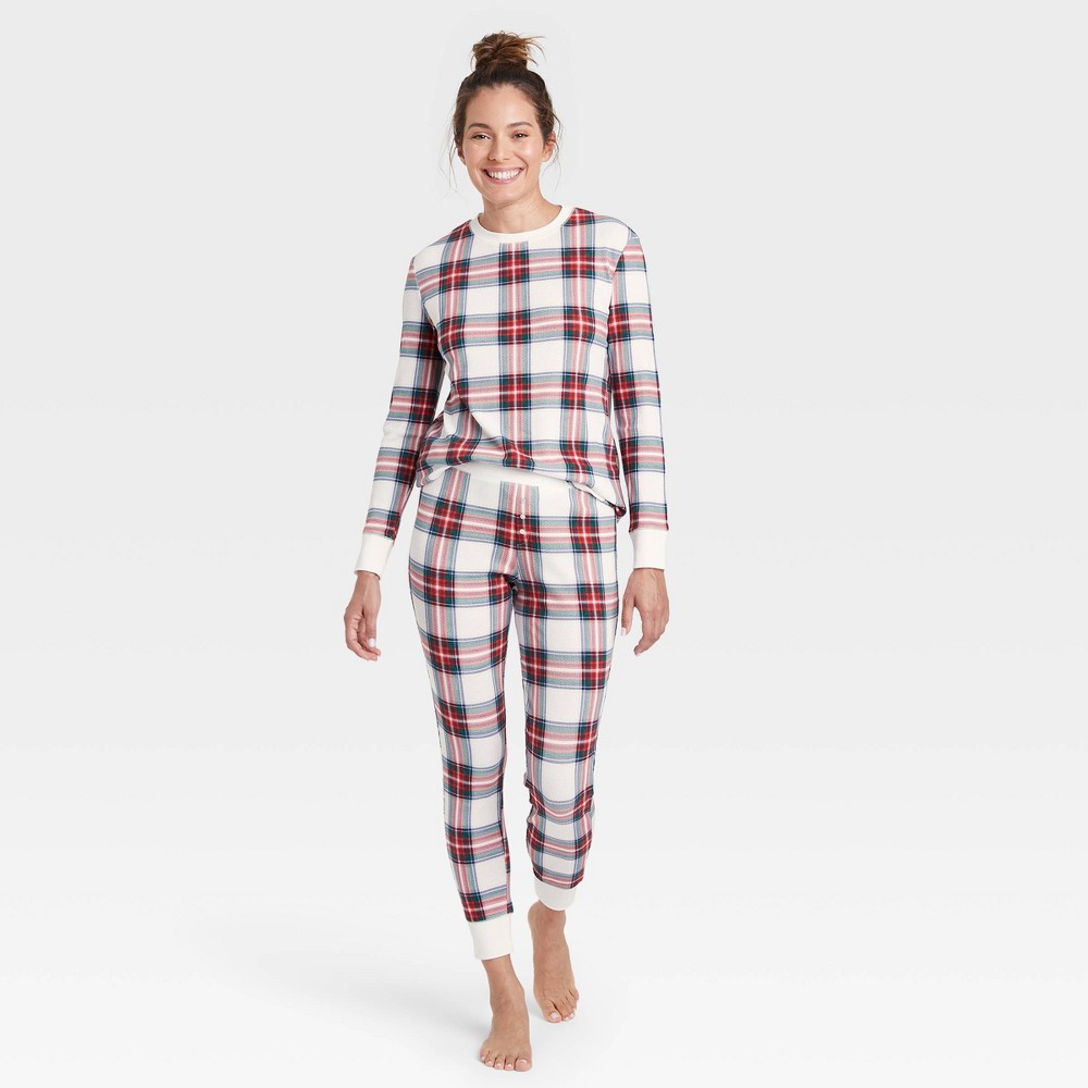 Women's Plaid Thermal Pajama Set - Stars Above White Size S 