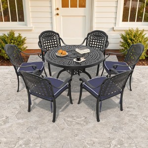 7-Piece Cast Aluminum Outdoor Dining Set with Blue Cushions, Round Table & Stackable Chairs - for Patio, Backyard - 1 of 4
