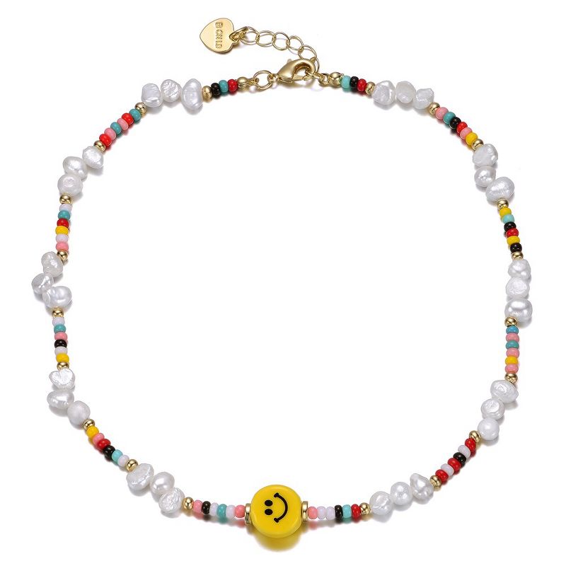 14k Yellow Gold Plated Multi Color Beads Necklace with Freshwater Pearls and a Smiley Charm for Kids, 1 of 3