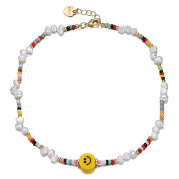 14k Yellow Gold Plated Multi Color Beads Necklace with Freshwater Pearls and a Smiley Charm for Kids