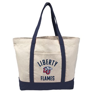 Liberty University Flames Arched School Name Canvas Tote Bag With External Pocket, Reusable Shoulder Bag for Shopping, School, Beach - 1 of 4