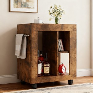 Homy Casa Rolling Bar Cabinet with Open Storage Shelves and Wine Rack for Living Room or Dining Room, Rustic Brown - 1 of 4