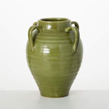Sullivans 11.25" Four Handled Green Vase, Ceramic