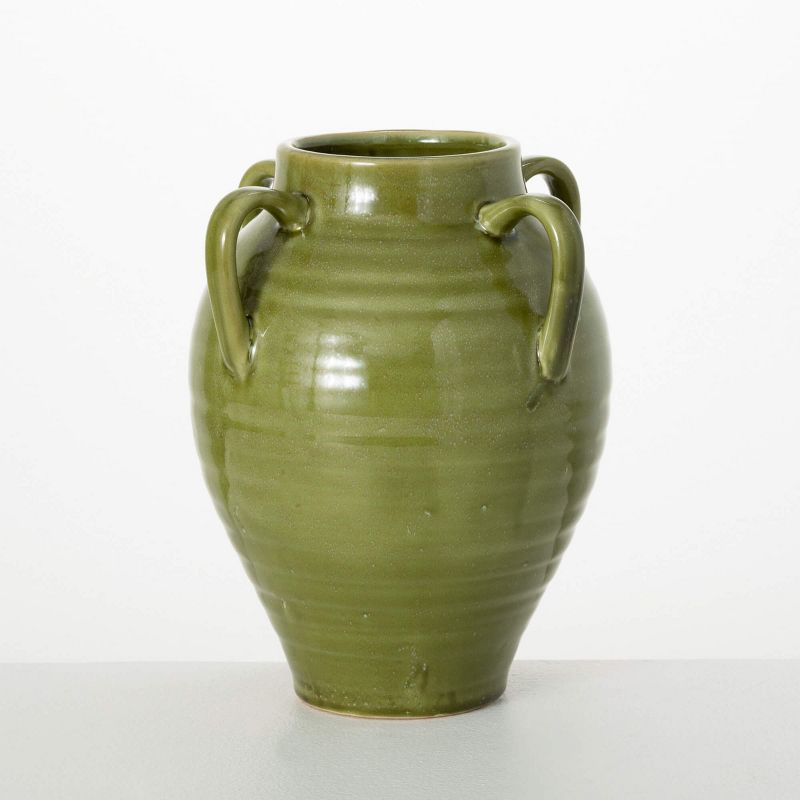 Sullivans 11.25" Four Handled Green Vase, Ceramic, 1 of 4
