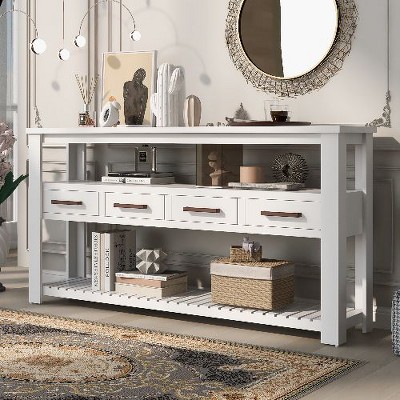 PAGED Vintage Console Table with 4 Drawers, 2-Shelf Entryway Sofa Table with Retro Handles, Modern Entryway Table with Storage