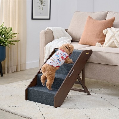 Espresso Hardwood Foldable Pet Steps with Gray Carpet