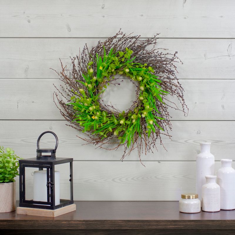 Northlight 20-Inch Green and Yellow Flower Buds, Leaves and Twigs Artificial Floral Wreath, 2 of 5