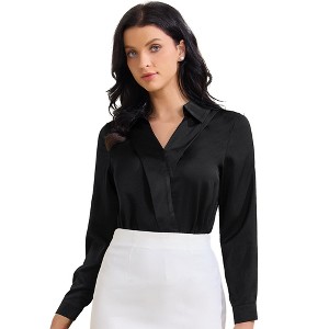 INSPIRE CHIC Women's Satin Collar V Neck Long Sleeve Office Dressy Blouse - 1 of 4