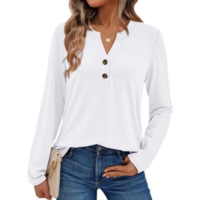 Women's 2025 Fall Long Sleeve Henley Top Dressy Casual V-Neck Blouse Trendy Loose Fit Button Up Shirts Cute T-Shirt