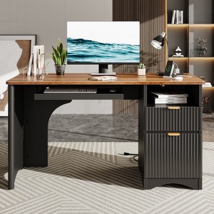 Bestier 55" Computer Writing PC Desk Home Office with Power Outlets Keyboard Tray and Storage Drawers - 1 of 4