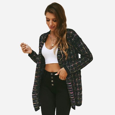 Women's Grid Boucle Knit Cardigan -cupshe -black : Target